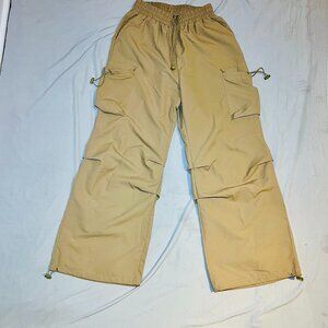 SHEIN Khaki Parachute Cargo Pants/Wide Leg Baggy Fit/Elastic Waist & Drawstring